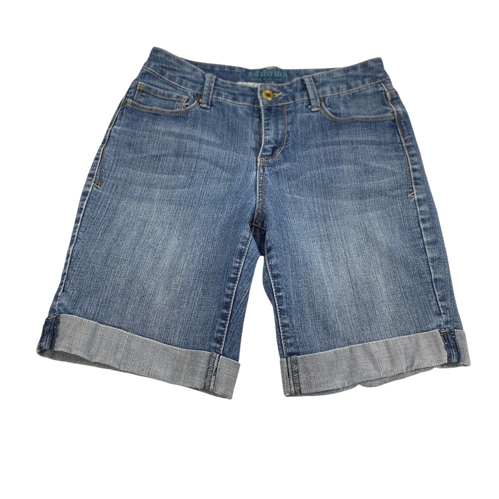 Womens Shorts Size 6 Modern Bermuda Blue Denim Cuffed‎ Stretch Mid Rise Casual